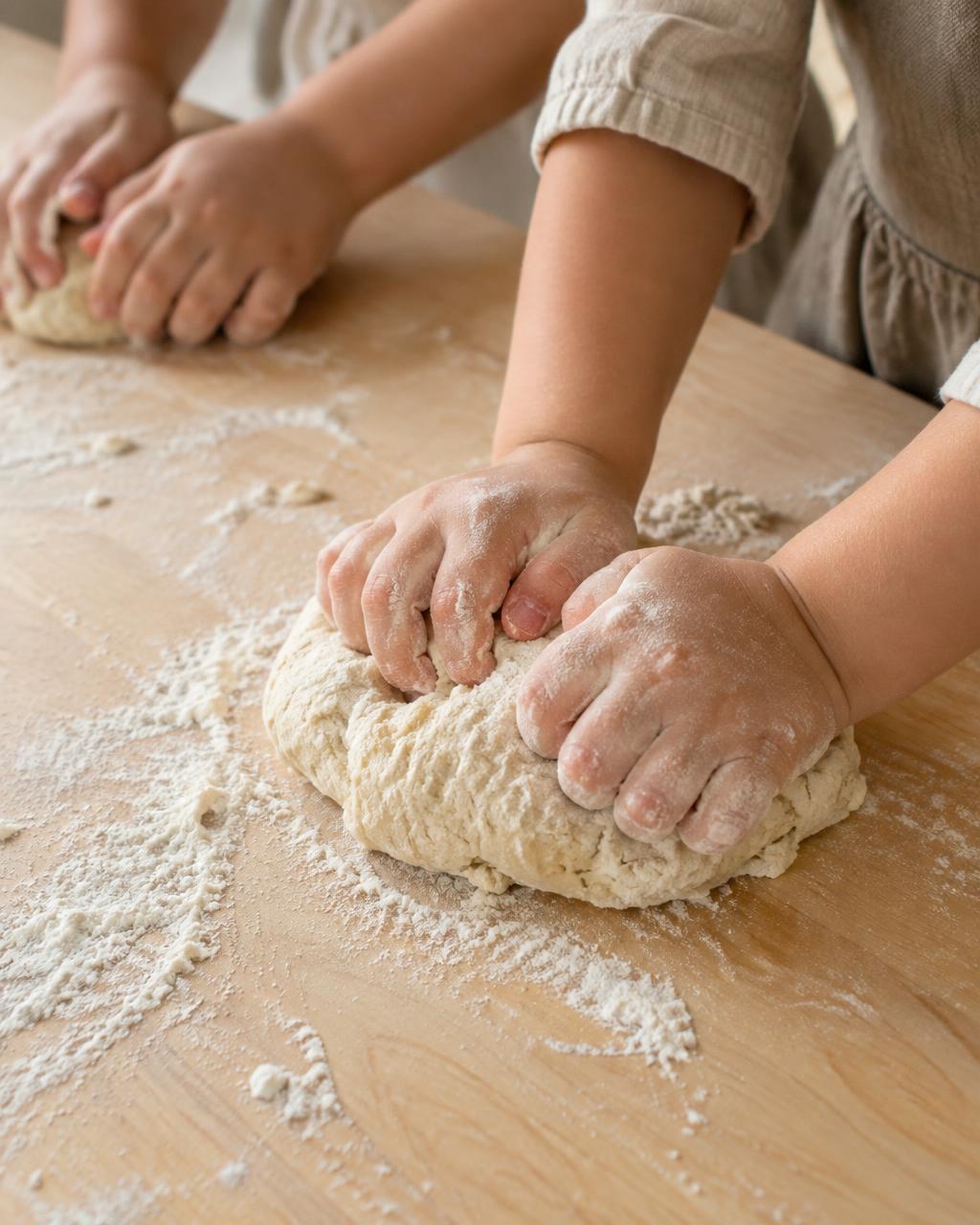 Mani di bambini che impastano su un tavolo di legno